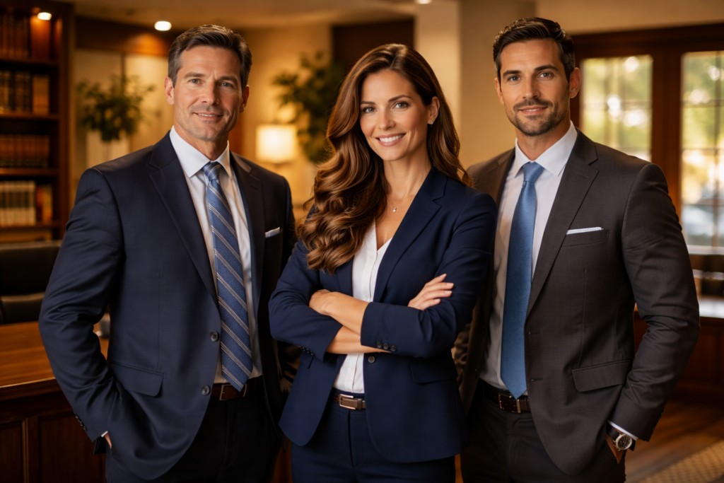 Wide-angle, photo-realistic image of three professional family law attorneys standing confidently in a sunlit Conroe office, conveying experience, teamwork, and trusted legal representation in Texas divorce and spousal support matters.
