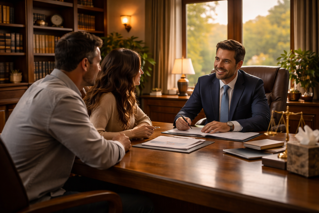 Wide-angle photo of a divorce attorney meeting with a couple in a warmly lit office, reviewing legal documents and discussing property division strategy in Texas.