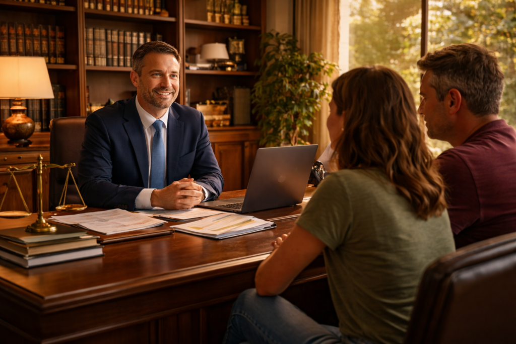 Wide-angle cinematic image of a Texas family law attorney meeting with a couple in a warm, sunlit office, reviewing documents and discussing post-divorce modification options
