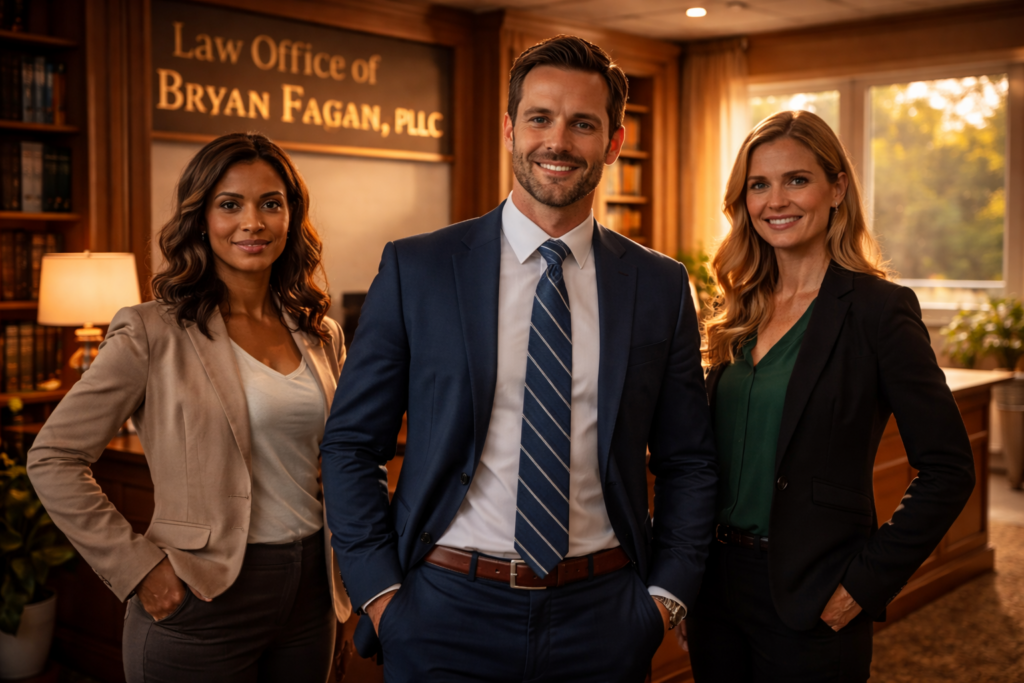 Wide-angle cinematic photo of three attorneys standing confidently inside a sunlit Texas law office, representing experienced legal guidance in protective orders and family law cases.