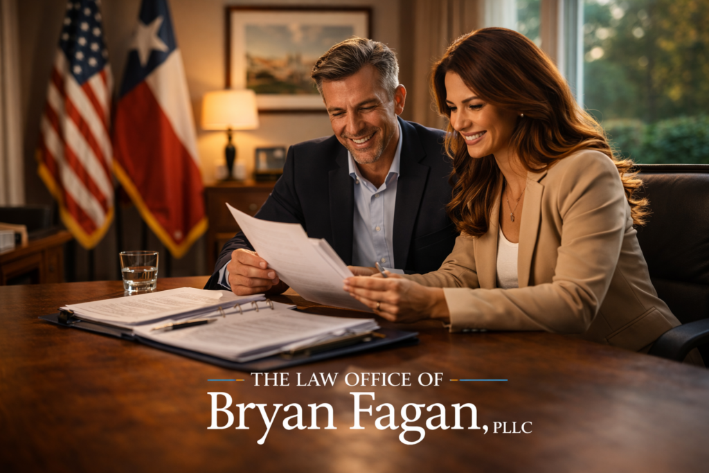 Attorney and client reviewing documents together in a Richmond Texas law office, representing collaborative divorce guidance and supportive legal counsel