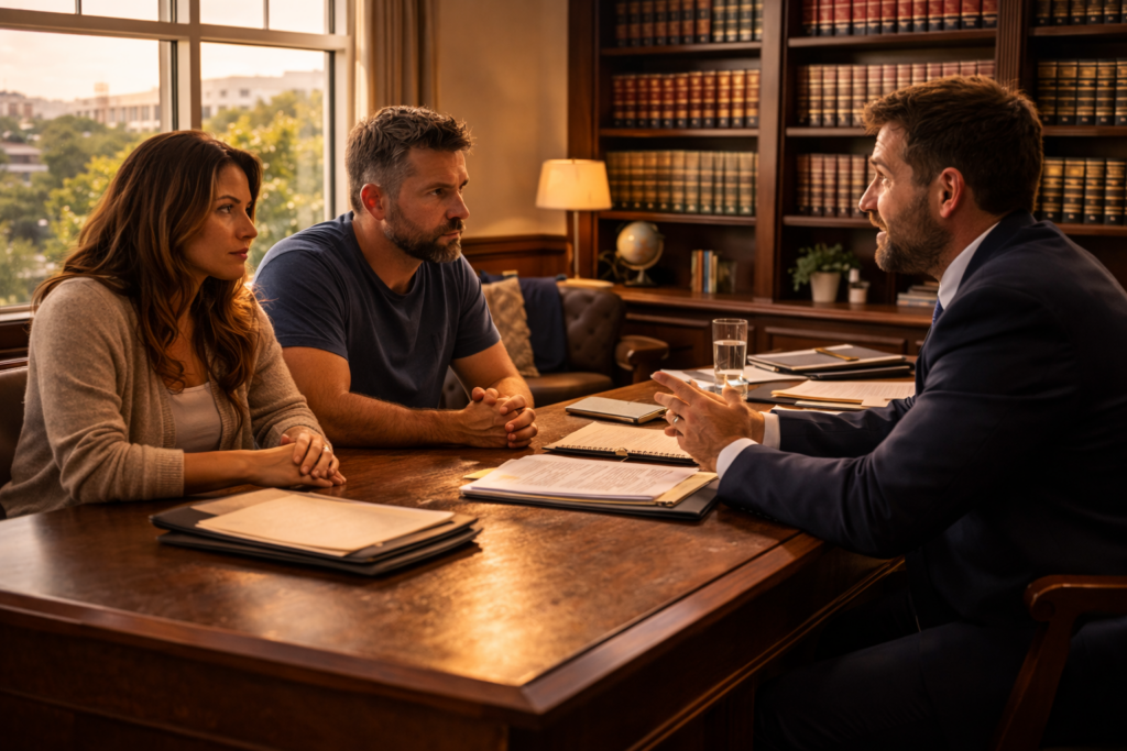 Wide-angle, cinematic summer-lit image of a Texas family law attorney meeting with a couple in a warm, wood-paneled office, reviewing legal documents and discussing their CPS case strategy.