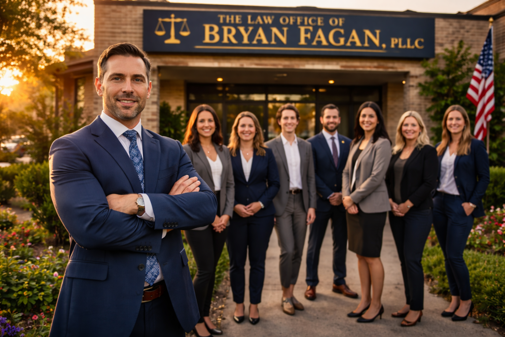 Wide-angle summer photo of Bryan Fagan and legal team standing confidently outside their Texas law office at sunset, representing CPS litigation experience and family law advocacy