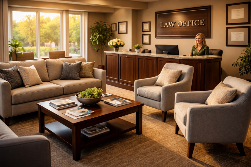 The image features a welcoming law office reception area with comfortable seating, designed to create a friendly atmosphere for clients dealing with family law matters, such as divorce proceedings and spousal support. The space reflects a professional environment where individuals can seek guidance on legal issues like spousal maintenance and child custody.