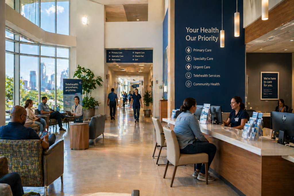 Wide-angle view of modern Dallas medical clinic lobby with patients, reception desk, and telehealth signage, representing accessible healthcare services