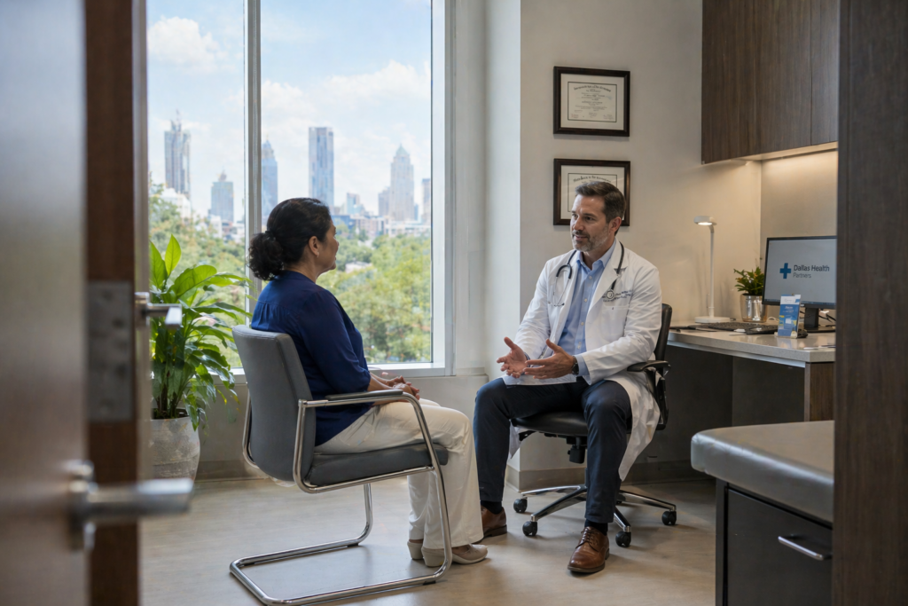 A doctor is consulting with a patient in a calm medical office setting, featuring soft lighting that creates a supportive environment for personalized care. This scene emphasizes the commitment to compassionate care and high-quality medical services in Dallas, Texas.