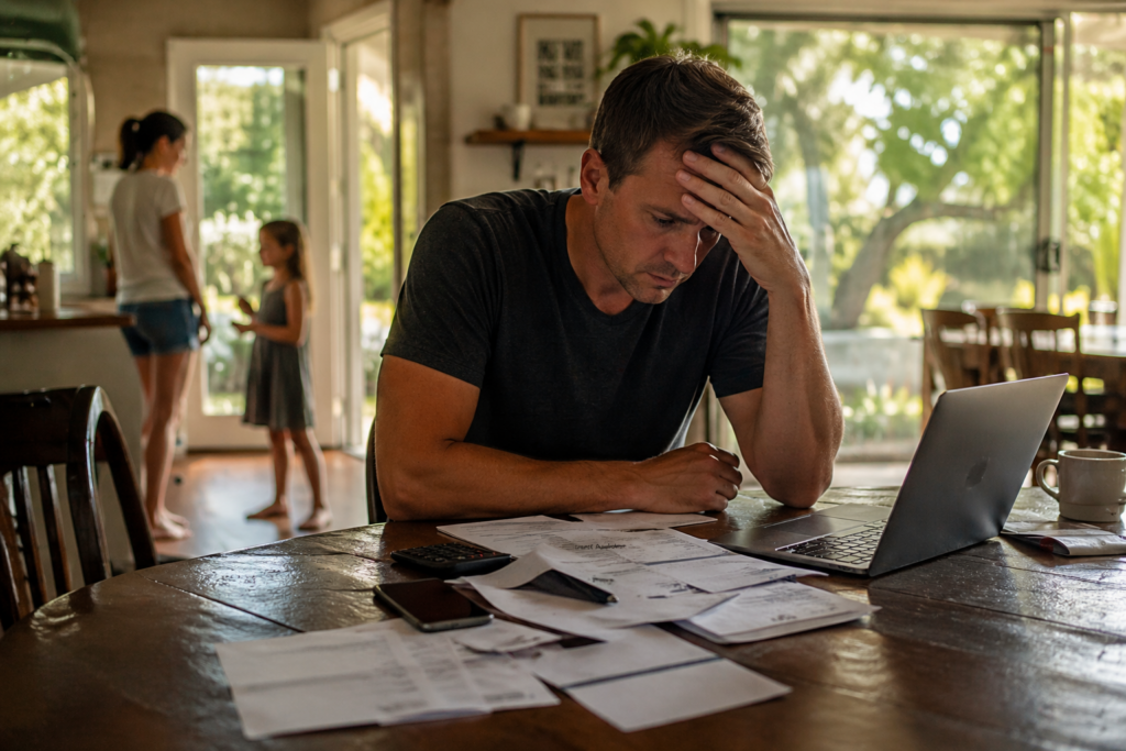 Parent reviewing bills at kitchen table during divorce while family stands in background, showing financial stress and uncertainty