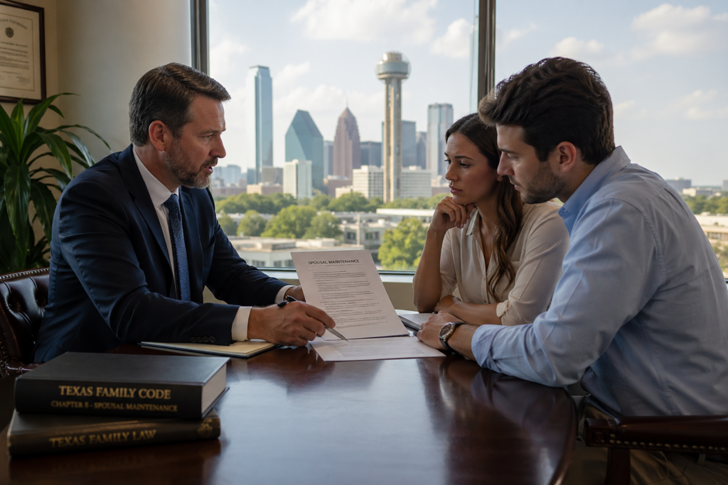 Attorney explaining spousal maintenance documents to a couple in a Dallas office with city skyline in the background