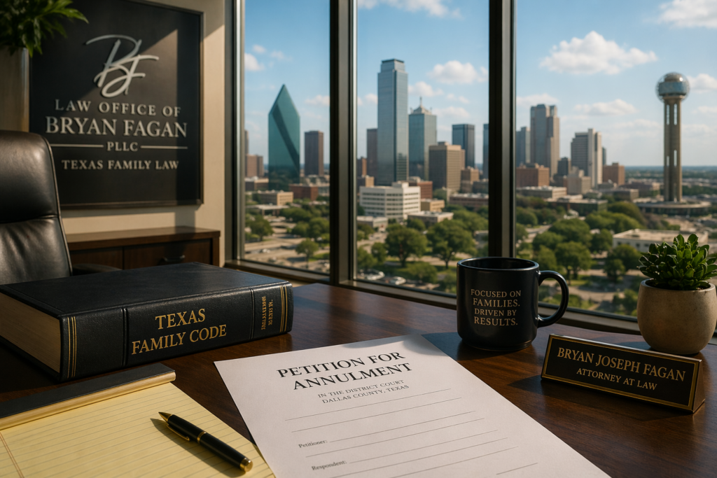 Annulment lawyers in Dallas Texas office with legal documents and city skyline view
