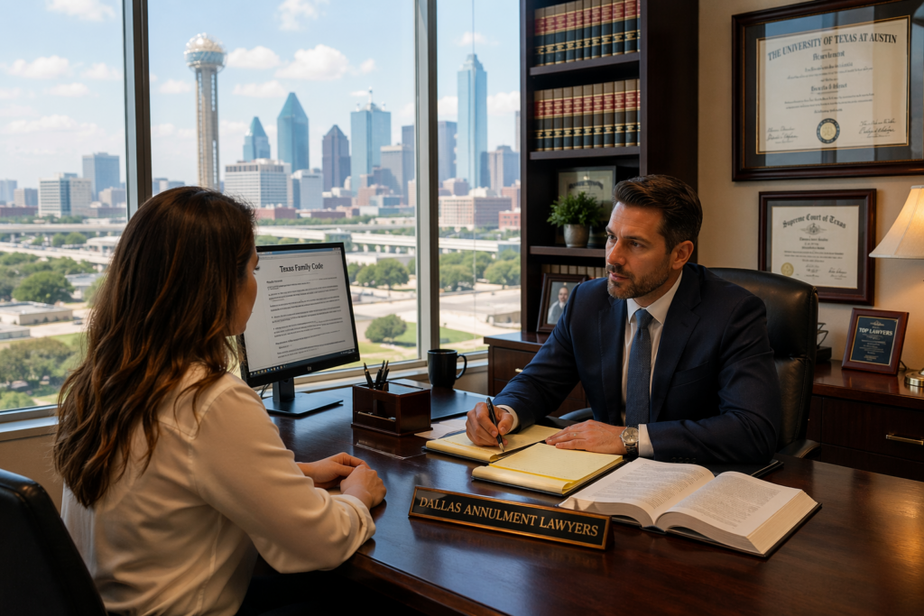 Wide-angle, photo-realistic image of a Dallas annulment lawyer consulting with a client in a modern high-rise office, with the Dallas skyline visible through large windows, legal books and documents on a wooden desk, and the attorney taking notes during a professional meeting.