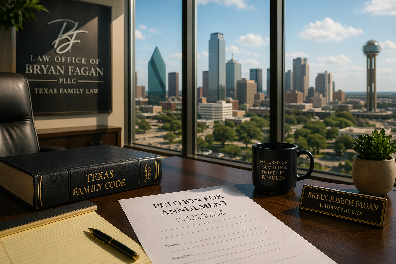 Annulment lawyers in Dallas Texas office with legal documents and city skyline view