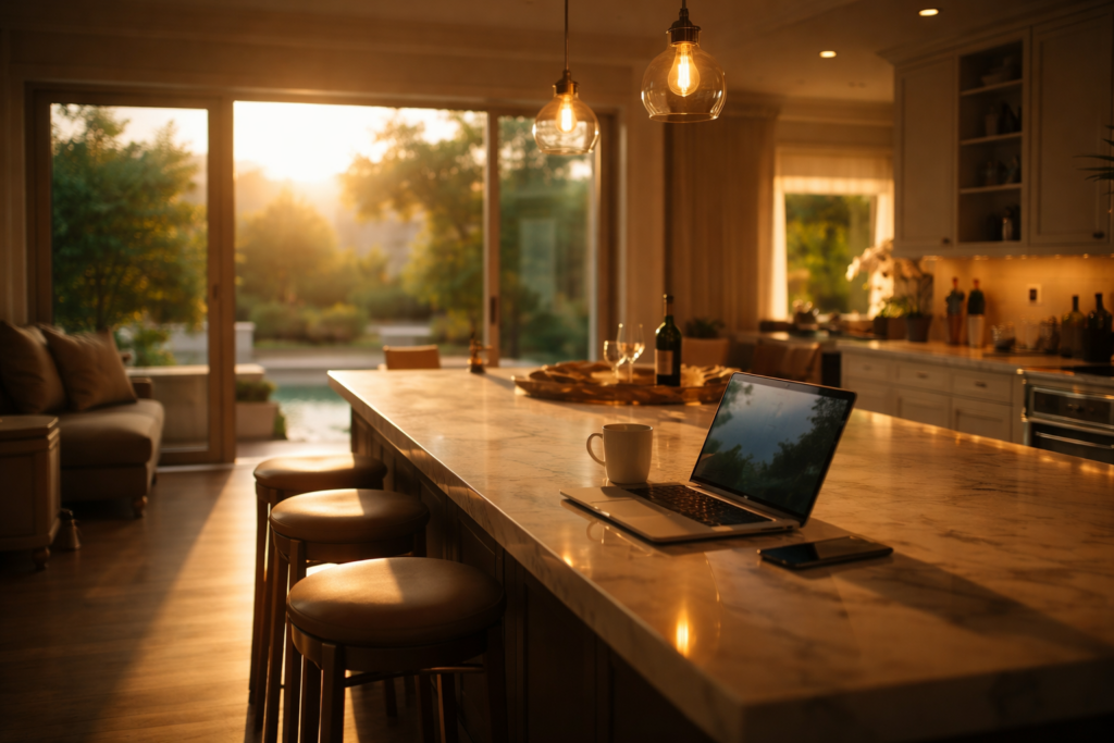 High net worth divorce attorney Dallas Texas concept showing quiet luxury home kitchen after separation