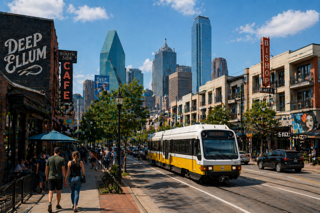 Wide-angle view of Deep Ellum in Dallas with pedestrians, DART light rail, and city skyline, highlighting walkable neighborhoods and transportation options