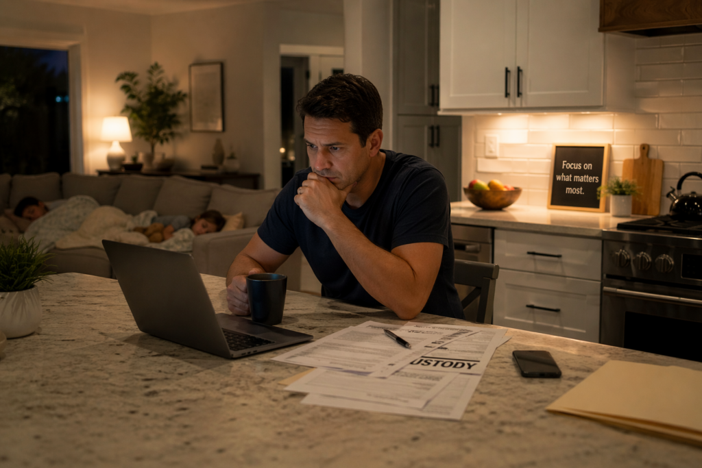 Parent sitting at kitchen table late at night reviewing documents during a child custody situation in Dallas Texas