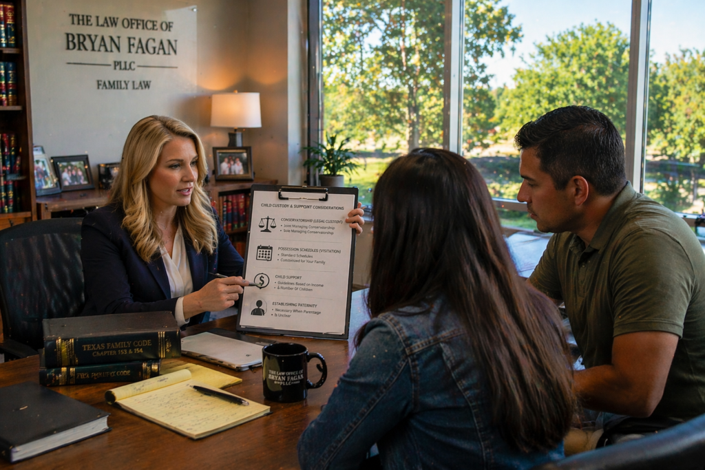 Wide-angle image of parents meeting with a family law attorney to discuss child custody and support arrangements in Texas