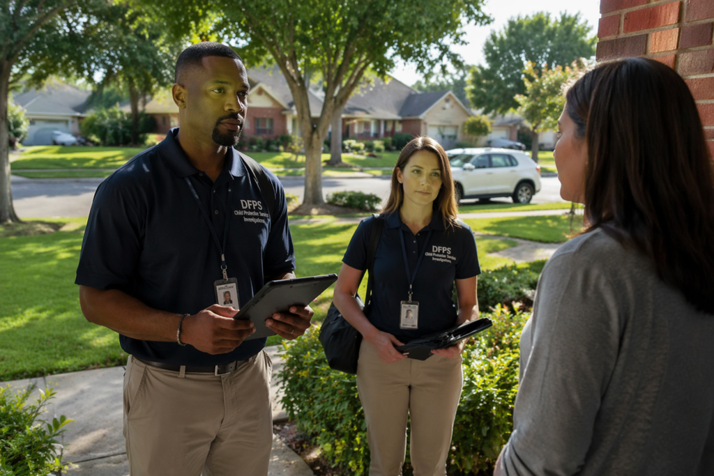 Child Protective Services in Richmond Texas caseworkers speaking with a parent outside a suburban home during a daytime visit