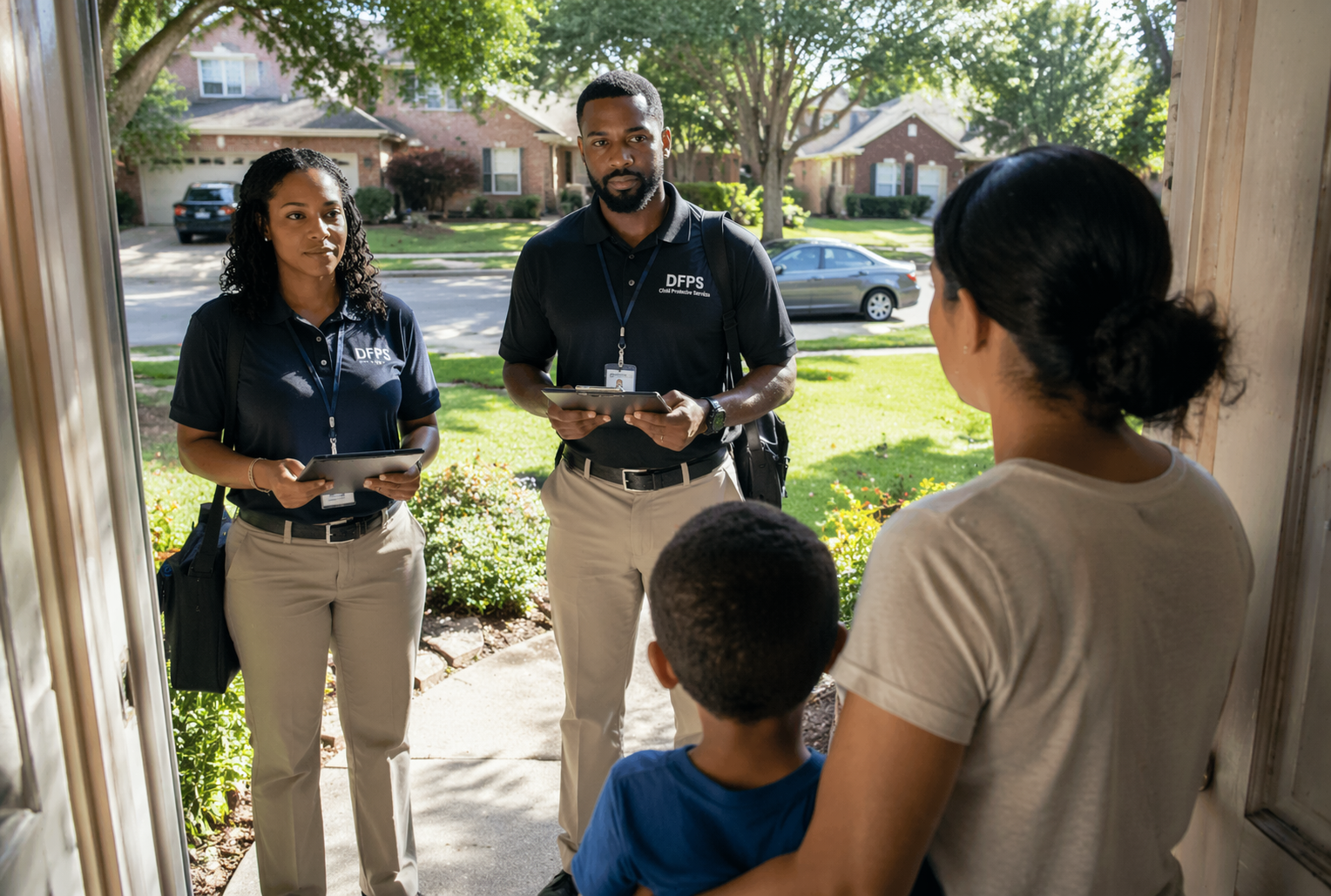 Child Protective Services in Texas caseworkers speaking with a parent and child at home