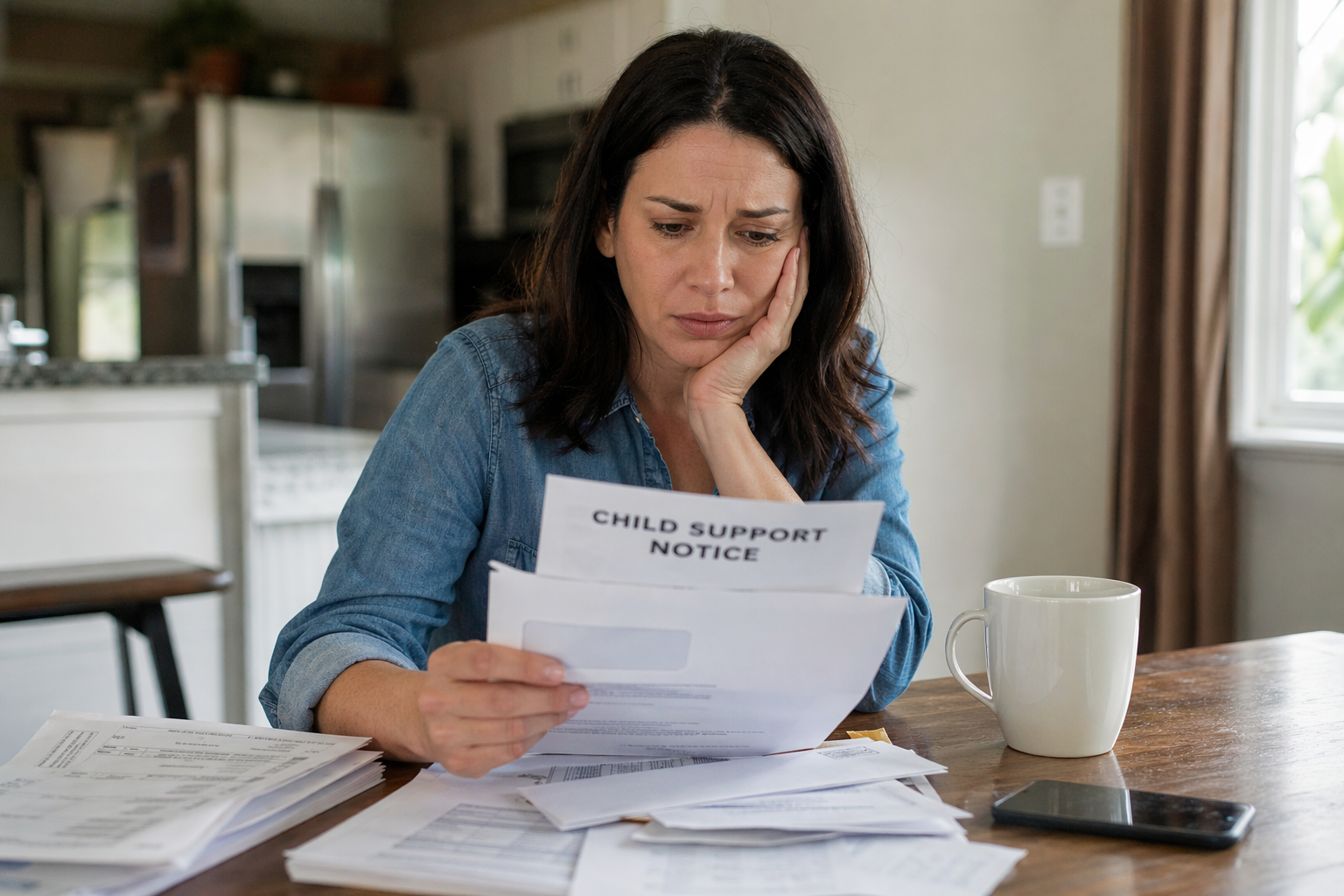 Mother reviewing child support paperwork at kitchen table, looking concerned about finances in Dallas Texas