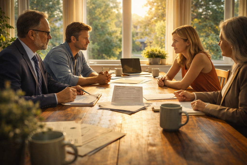 Collaborative divorce meeting in Dallas Texas with couple and attorneys discussing settlement in a calm, sunlit setting