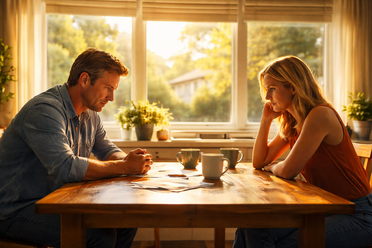 Couple having a calm discussion at home during collaborative divorce in Dallas Texas