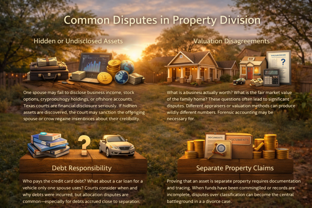 Common disputes in property division in Texas including hidden assets, valuation disagreements, debt responsibility, and separate property claims