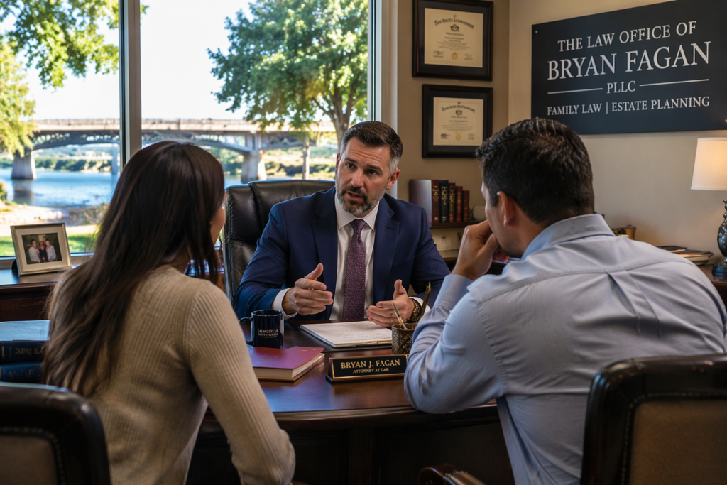 Wide-angle image of a couple consulting with a family law attorney in a bright office, discussing common law divorce in Richmond Texas