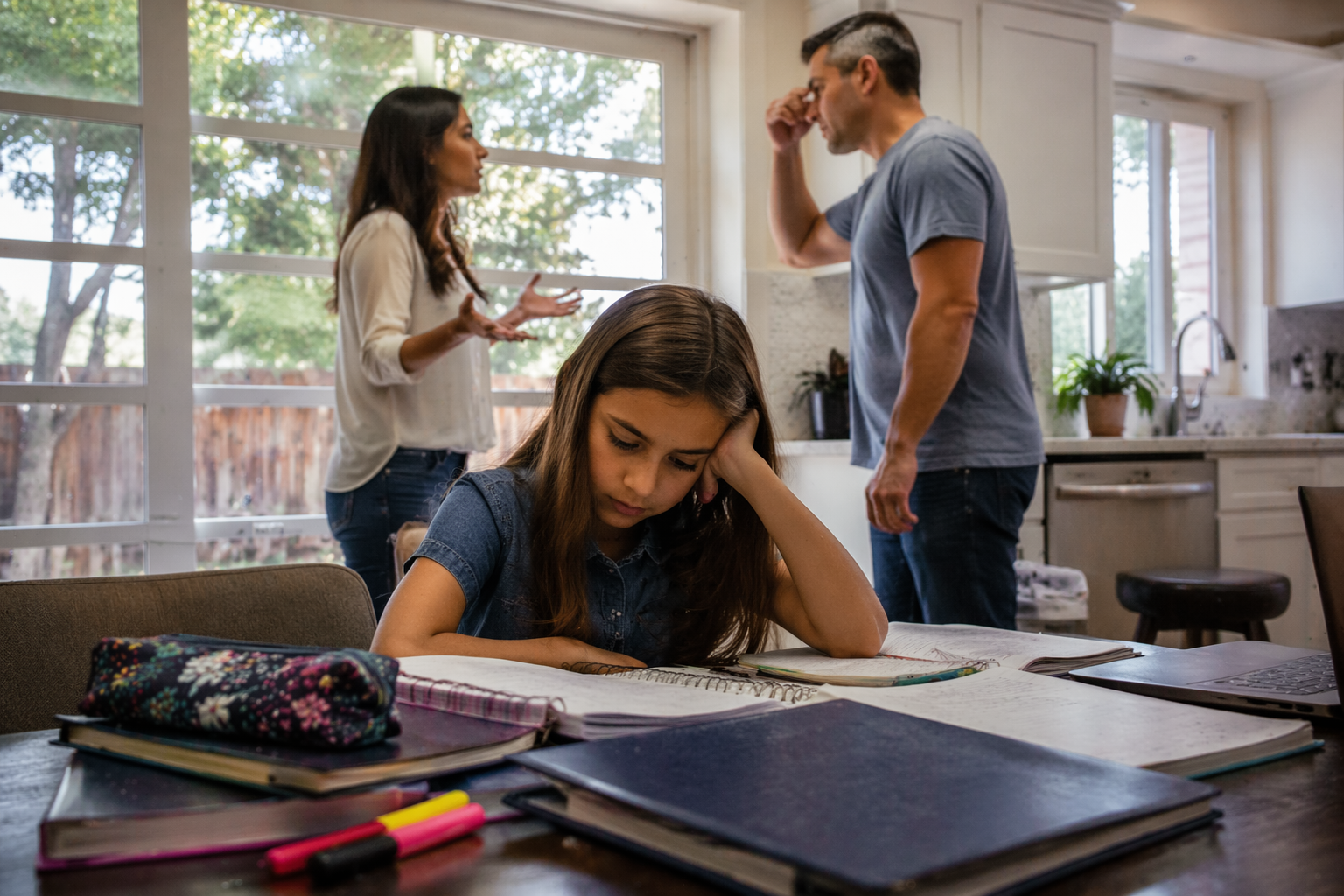 Child struggling with homework while parents argue in background during common law divorce in Richmond Texas