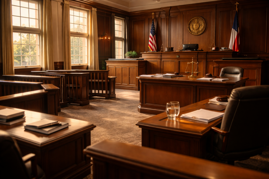 The image depicts a calm and empty courtroom interior, illuminated by natural light, reflecting a serene atmosphere often associated with legal processes such as divorce proceedings and child custody arrangements. This setting is a reminder of the formal environment where Texas family law cases, including divorce decree modifications and child support obligations, are handled.