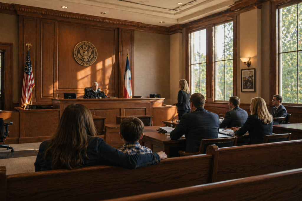 The image depicts a serene courtroom interior, illuminated by natural light and featuring elegant wooden furnishings, creating a calm environment for legal proceedings related to child custody and visitation matters. This setting is where important decisions about visitation schedules and the child's safety are made, ensuring the best interest of the child is prioritized.