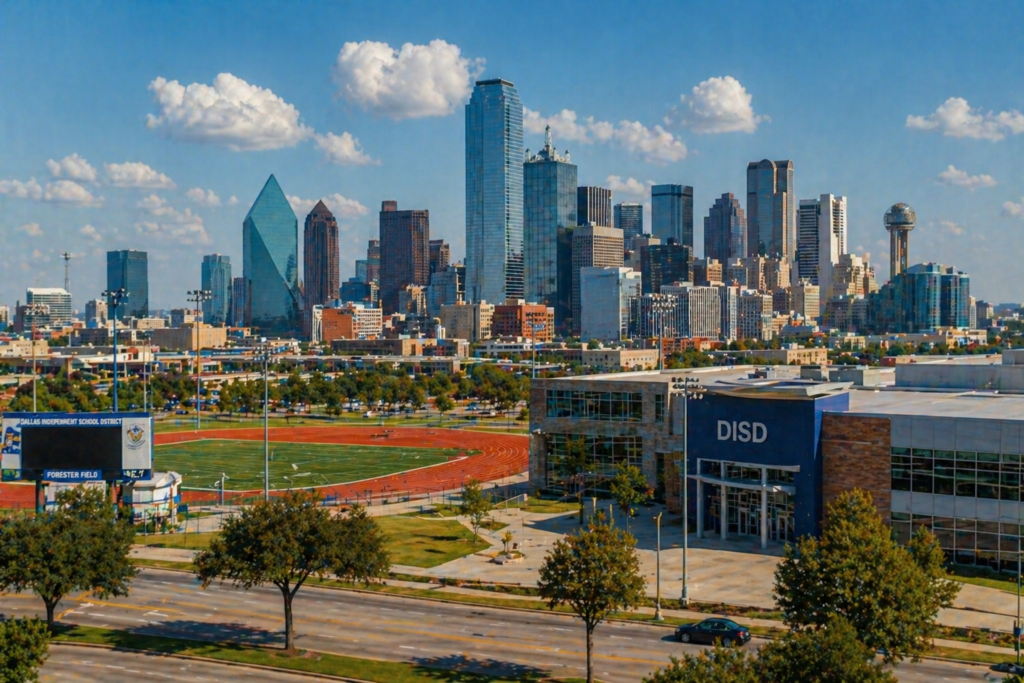 The image captures a wide view of the Dallas cityscape, showcasing a blend of modern urban development and school buildings, highlighting the importance of education and community programs for young people in the area. This vibrant scene reflects the commitment of Dallas to provide resources and opportunities, such as ESL classes and financial aid, to support students and families in their pursuit of success.