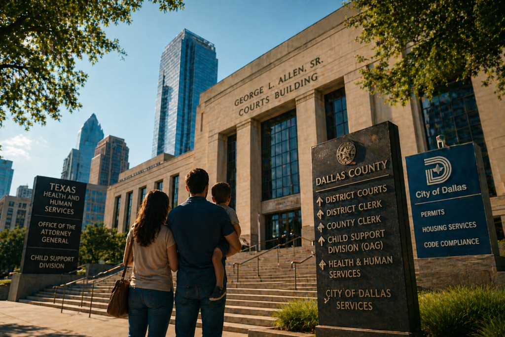 Family standing outside Dallas County courthouse with signage for courts and government services, representing Governmental Resources in Dallas Texas