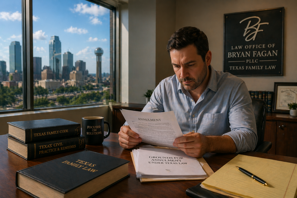A person sits at a desk, reviewing legal documents with a thoughtful expression, possibly related to the annulment process under Texas law. The scene suggests a focus on understanding grounds for annulment and the legal requirements for a valid marriage, highlighting the complexities of family law matters in Texas.
