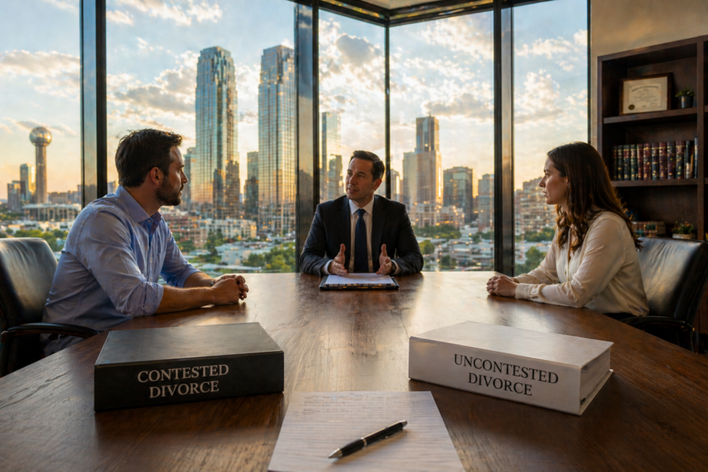 Wide-angle view of a couple in mediation with an attorney in a modern office, illustrating contested vs uncontested divorce decisions in Texas