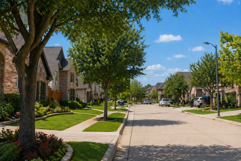The image depicts a modern suburban neighborhood in Dallas, featuring family homes with well-maintained lawns and tree-lined streets, typical of the vibrant Dallas Fort Worth area. This welcoming community showcases the charm of living in North Texas, with easy access to local amenities and green spaces.