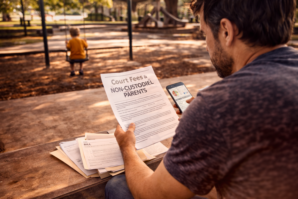 Non-custodial parent reviewing legal documents and expenses at a park bench while child plays in background, reflecting financial and legal stress in Texas family law case