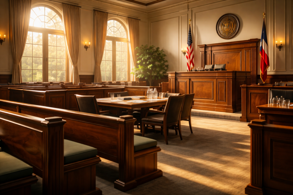 The image depicts a serene and well-lit courthouse interior, with sunlight illuminating the space through large windows, creating a peaceful atmosphere for legal proceedings related to family law, such as child custody and support cases in Richmond, Texas. The setting reflects a place where important decisions about a child's well-being and parental rights are made within the Texas legal system.