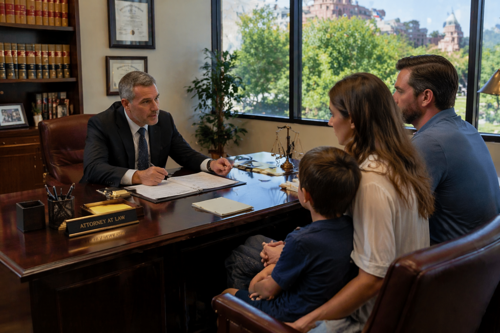 The image depicts a professional law office setting, featuring a neatly organized desk with legal paperwork in neutral tones, reflecting the serious nature of family law matters such as establishing paternity, child support, and custody rights. This environment is designed to provide clients with legal guidance on issues related to parental rights and the best interests of the child.