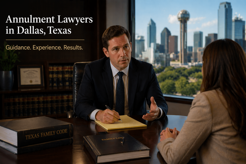 Wide-angle, photo-realistic image of a Dallas annulment lawyer meeting with a client in a modern office, with the city skyline visible through a large window and minimal text reading “Annulment Lawyers in Dallas, Texas – Guidance. Experience. Results.”