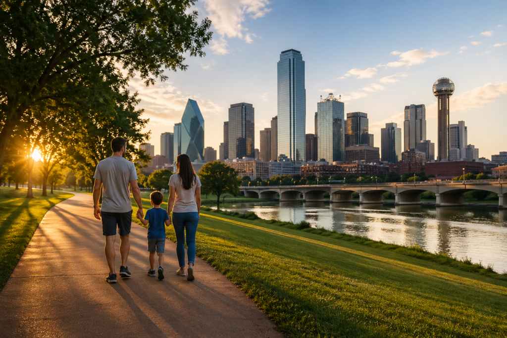 Family walking along a park path overlooking the Dallas skyline at sunset, representing stability and guidance in Dallas Texas family law FAQs