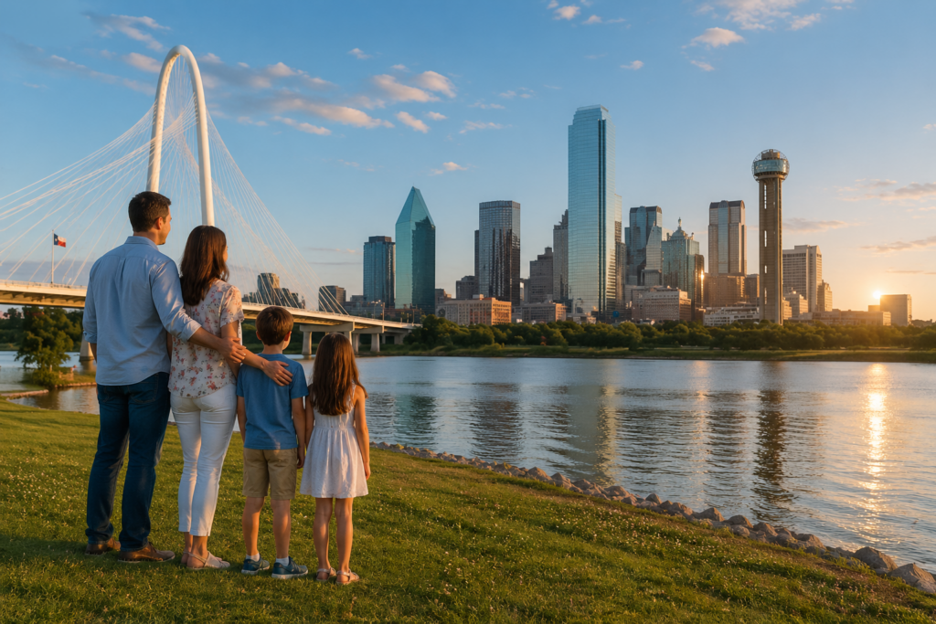 Family overlooking Dallas skyline during sunset representing Dallas Texas family law FAQs and protecting children during divorce
