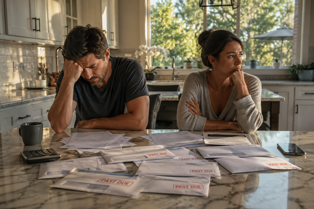 Couple reviewing unpaid bills at kitchen table during divorce financial stress in Dallas Texas