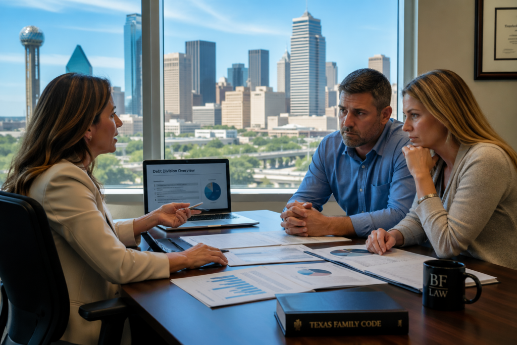 Couple meeting with divorce attorney in Dallas office reviewing financial documents about debt division during summer daylight