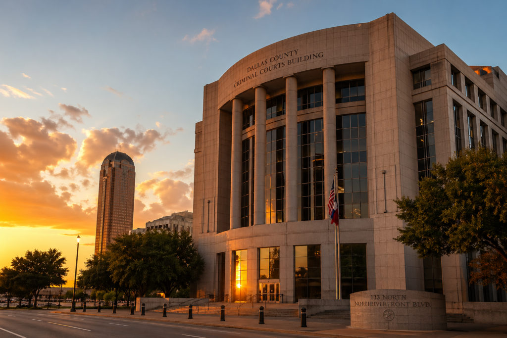The image depicts a wide-angle view of a Dallas courthouse building bathed in the warm hues of sunset, with clear skies above. This iconic structure symbolizes the legal process involved in matters such as divorce in Texas, where individuals may seek assistance from Dallas divorce lawyers for issues like child custody and spousal support.