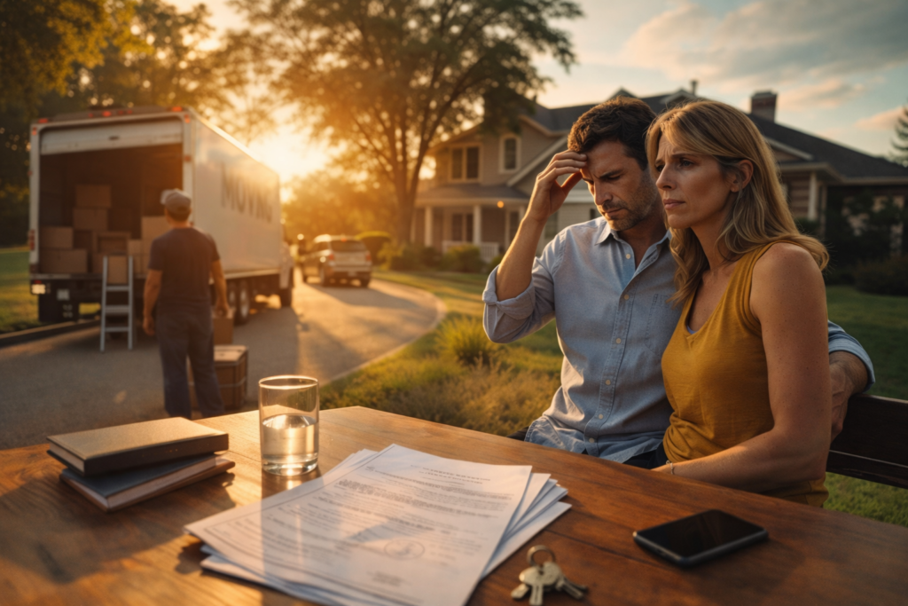 Couple reviewing divorce papers outside home as moving truck arrives in Richmond Texas illustrating life changes after divorce