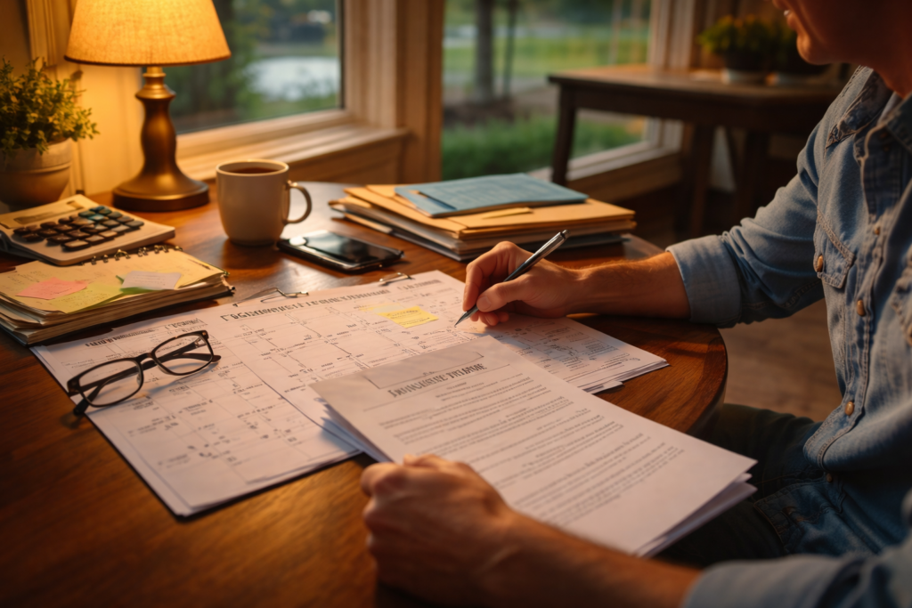 The image depicts a person seated at a table, illuminated by warm lighting, as they carefully review legal documents and a calendar, likely related to divorce proceedings and child custody arrangements in Richmond, Texas. This scene reflects the legal process involved in navigating Texas family law, emphasizing the importance of understanding child support obligations and the overall legal framework for divorce modifications.