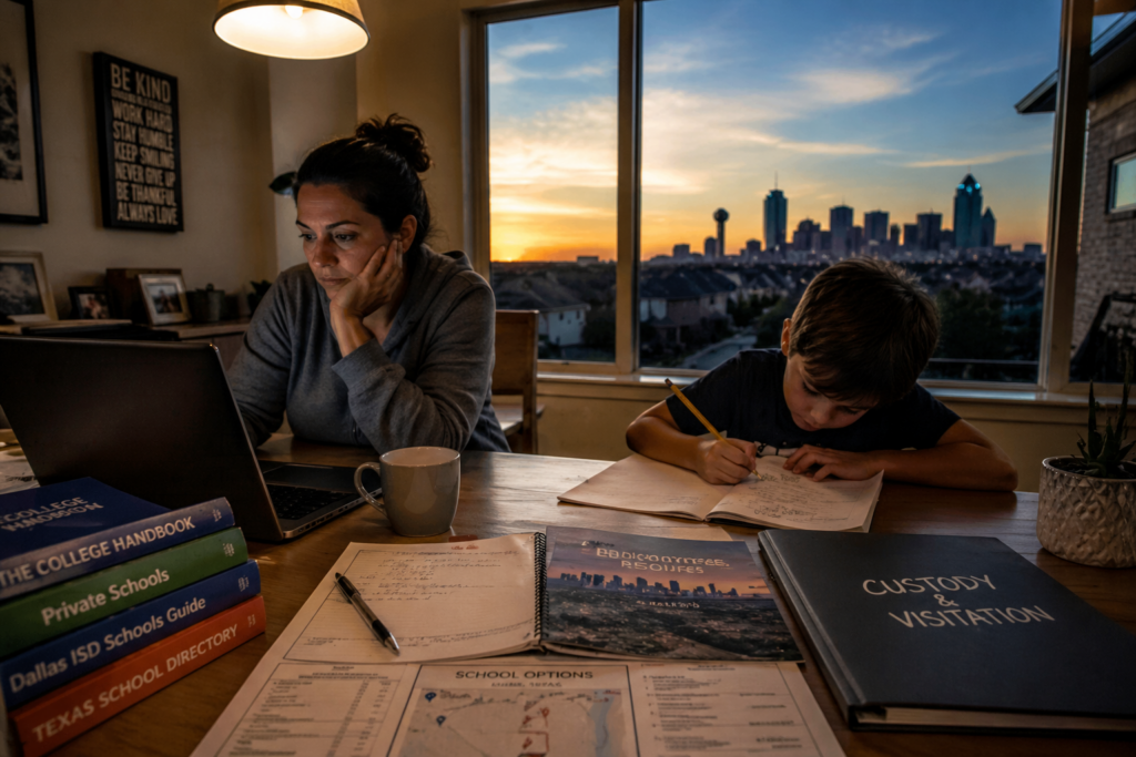 Parent helping child with homework while researching Educational Resources in Dallas Texas during divorce