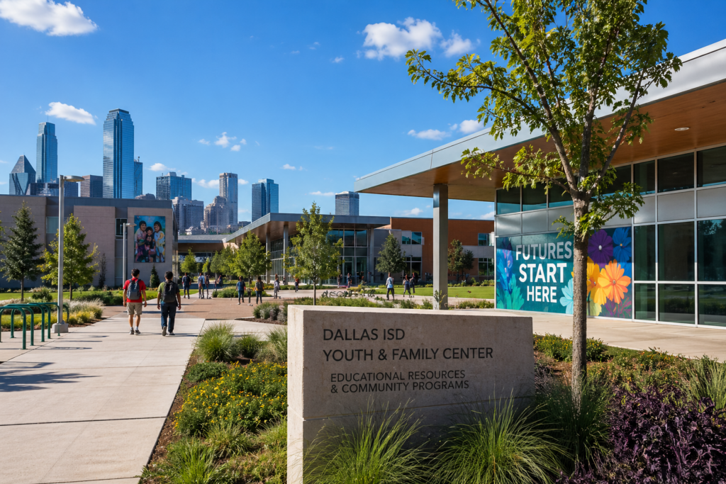 The image depicts a modern school campus in Dallas, Texas, featuring contemporary buildings surrounded by lush green spaces, designed to support youth programs and educational resources for students of all ages. This vibrant environment is dedicated to fostering learning and community engagement among young people and families in the Greater Dallas area.