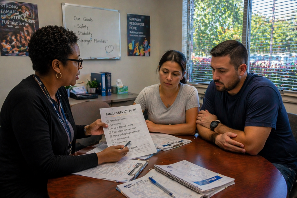 Child Protective Services in Richmond Texas caseworker reviewing a family service plan with parents during a meeting