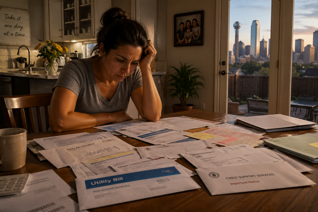Parent in Dallas reviewing bills and legal documents during divorce, illustrating the importance of Governmental Resources in Dallas Texas
