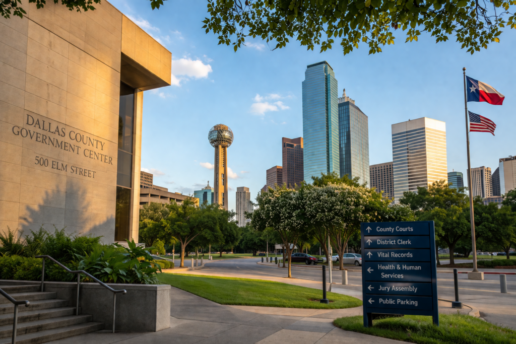 Dallas County Government Center with downtown skyline, illustrating Governmental Resources in Dallas Texas including courts, public offices, and community services